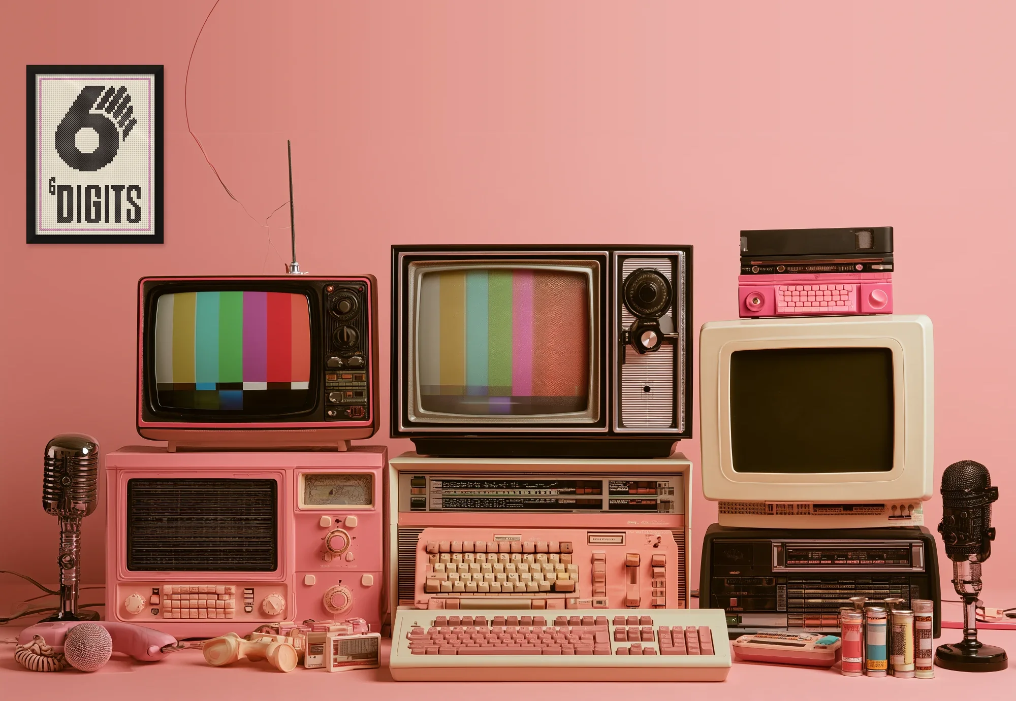 A pink wall stacked with vintage televisions, monitors, radios, keyboards and microphones, with a framed cross-stitch 6DIGITS sign in the corner