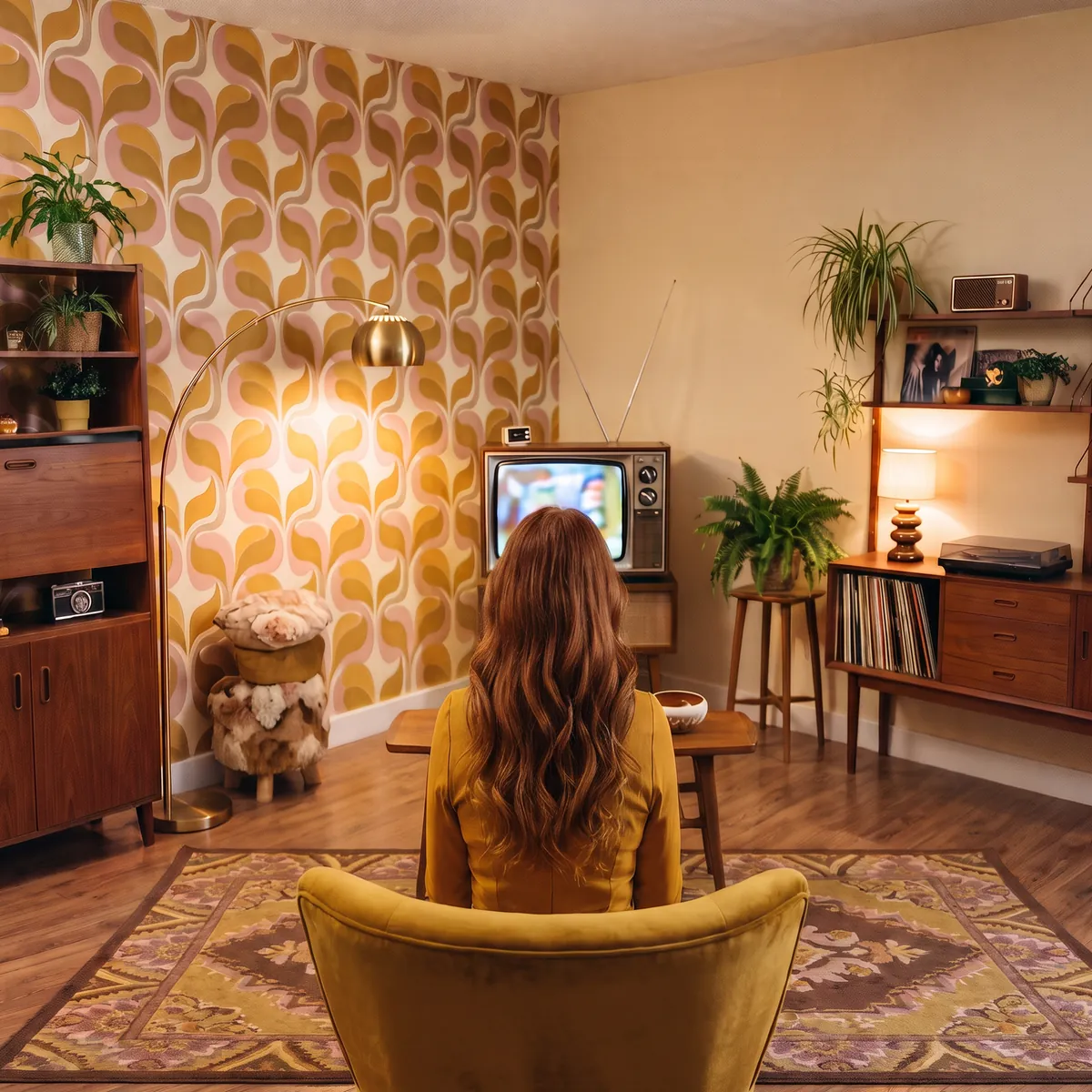 A woman on a mustard sofa watching an advert on a vintage TV, from behind