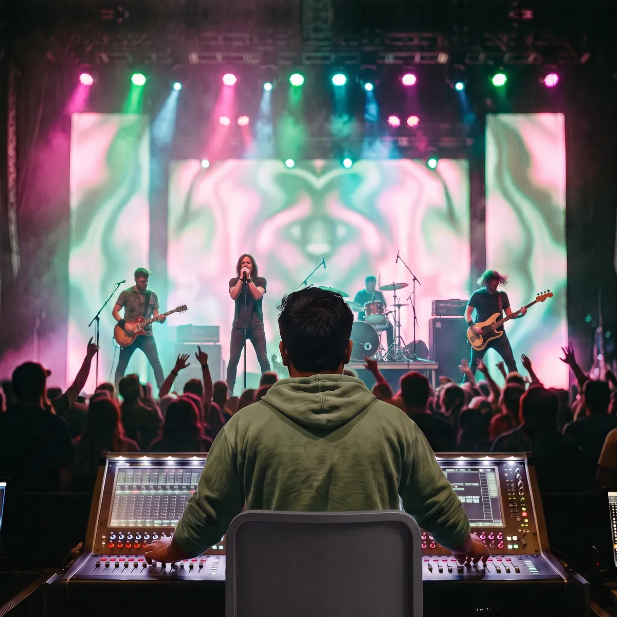 A sound engineer at a mixing desk facing a glowing stage screen, from behind