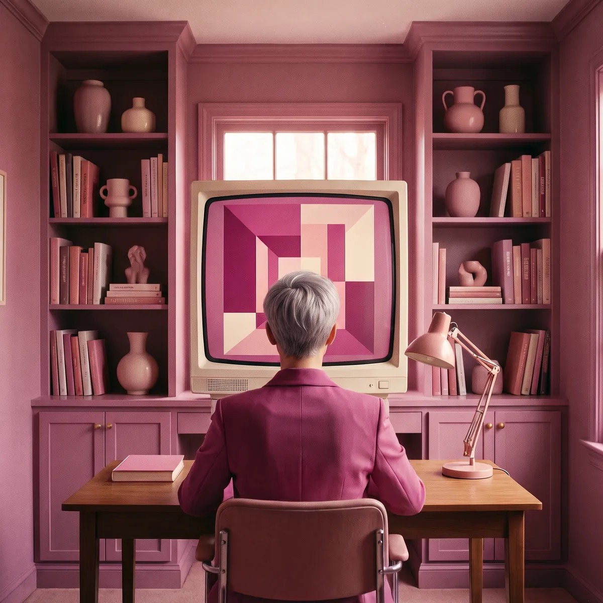 A designer at a desk in a pink studio