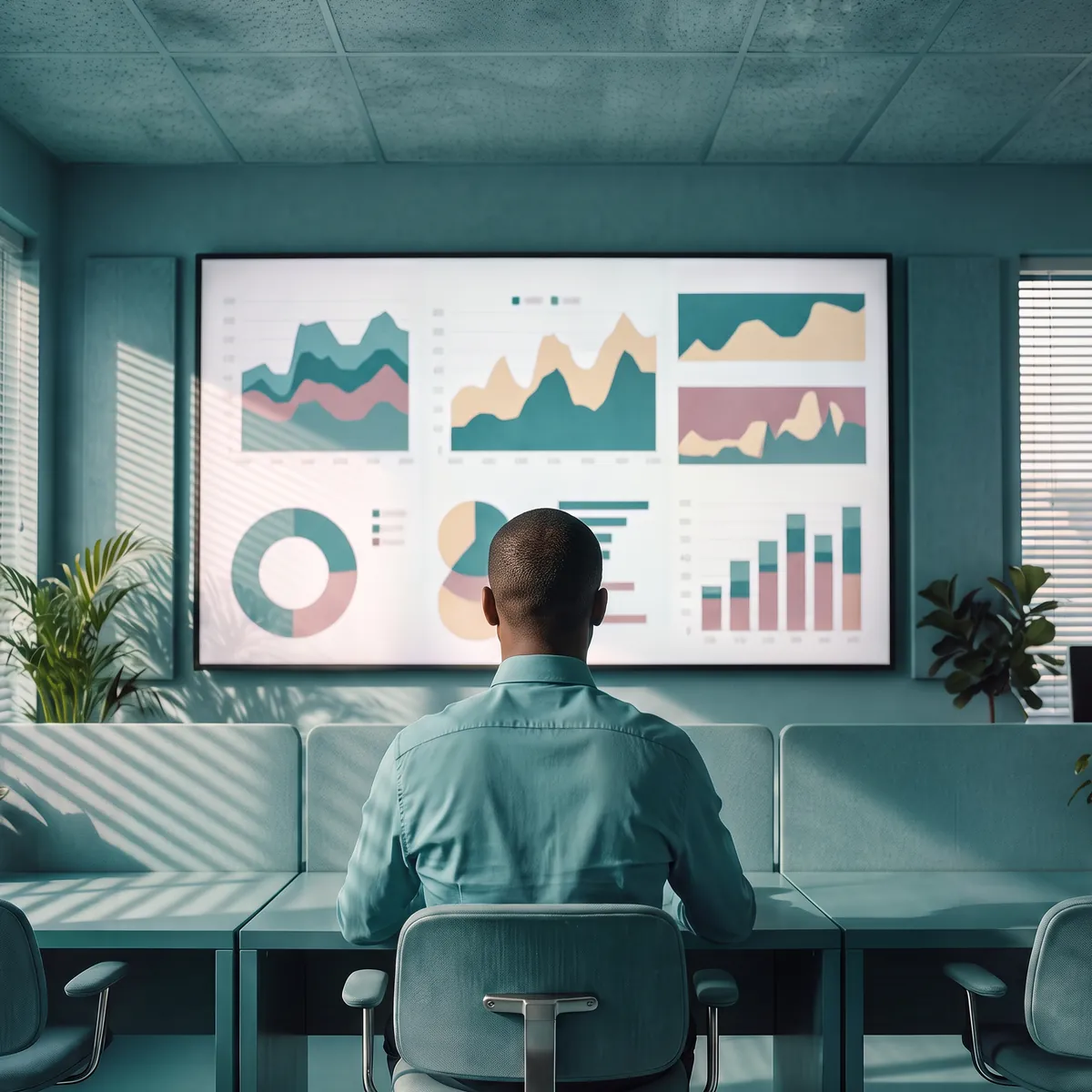 A man watching a presentation of charts, from behind