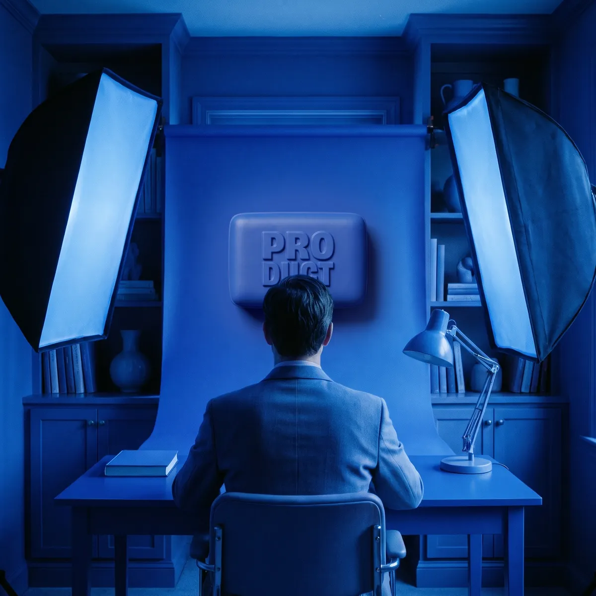 A man facing a blue bar of soap embossed PRODUCT, from behind
