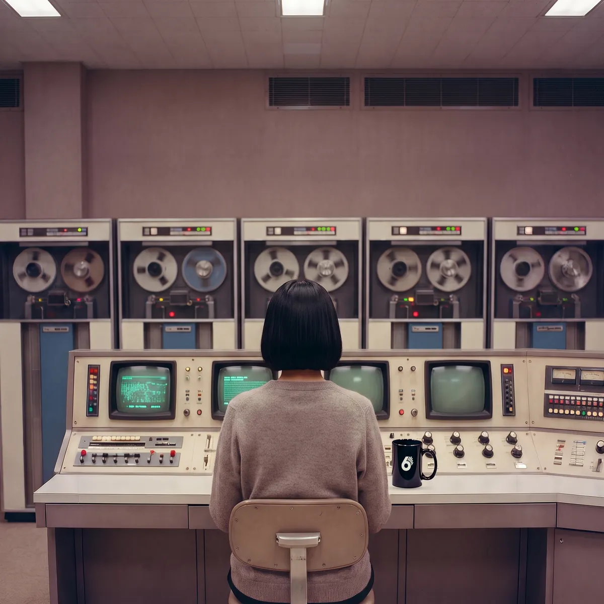 An operator at a vintage computer console, from behind
